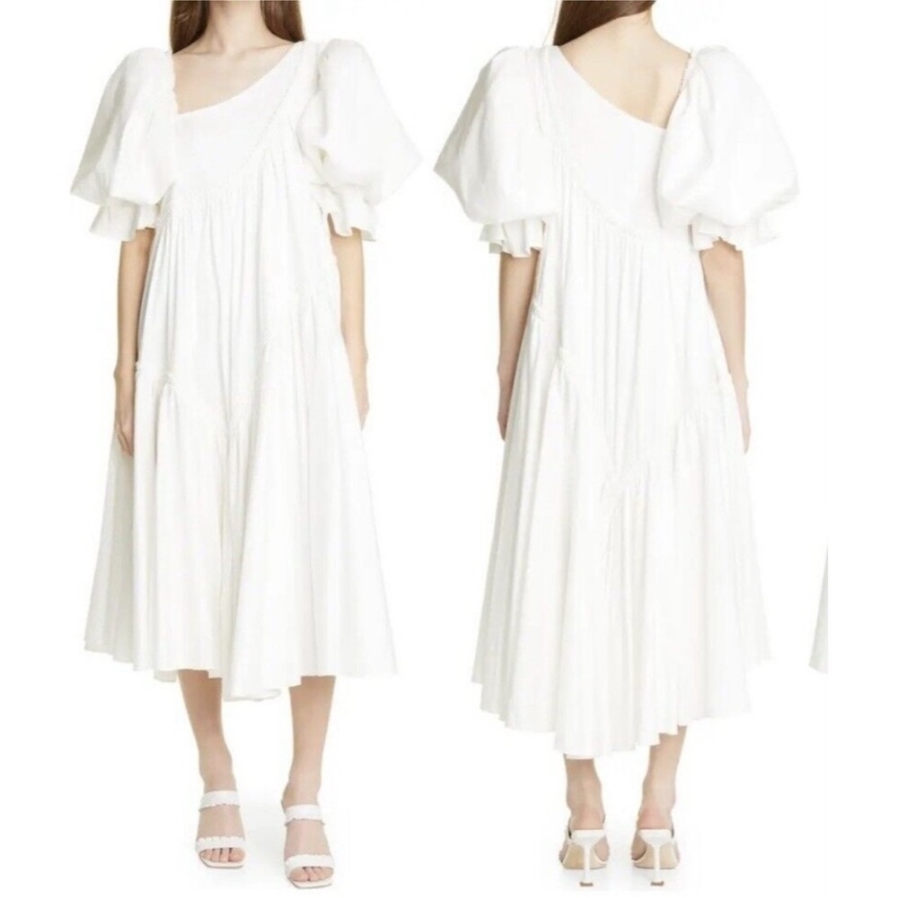 Aje White Puff-Sleeve Midi Dress with Asymmetrical Neckline